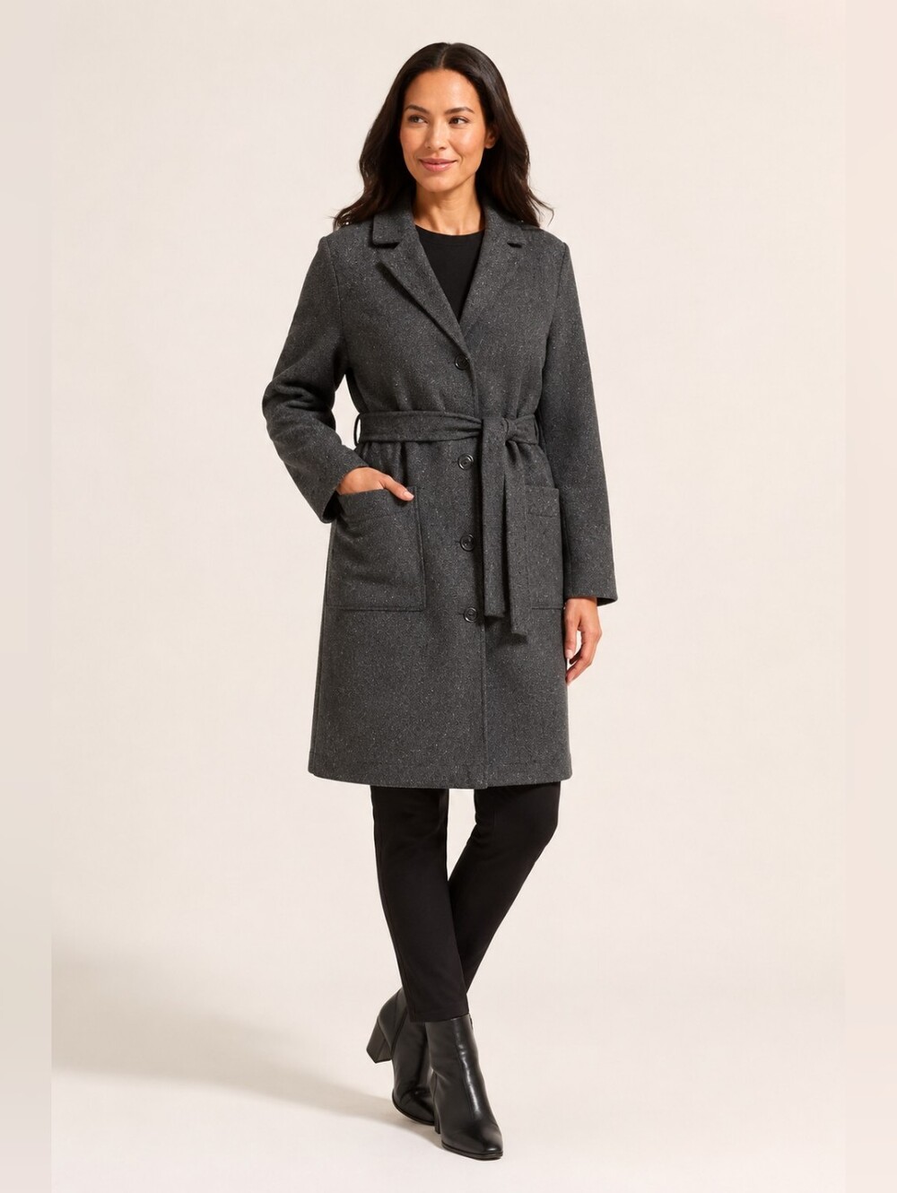 Isaac Mizrahi Live Women’s Charcoal Gray Flecked Belted Long Coat Size 4.